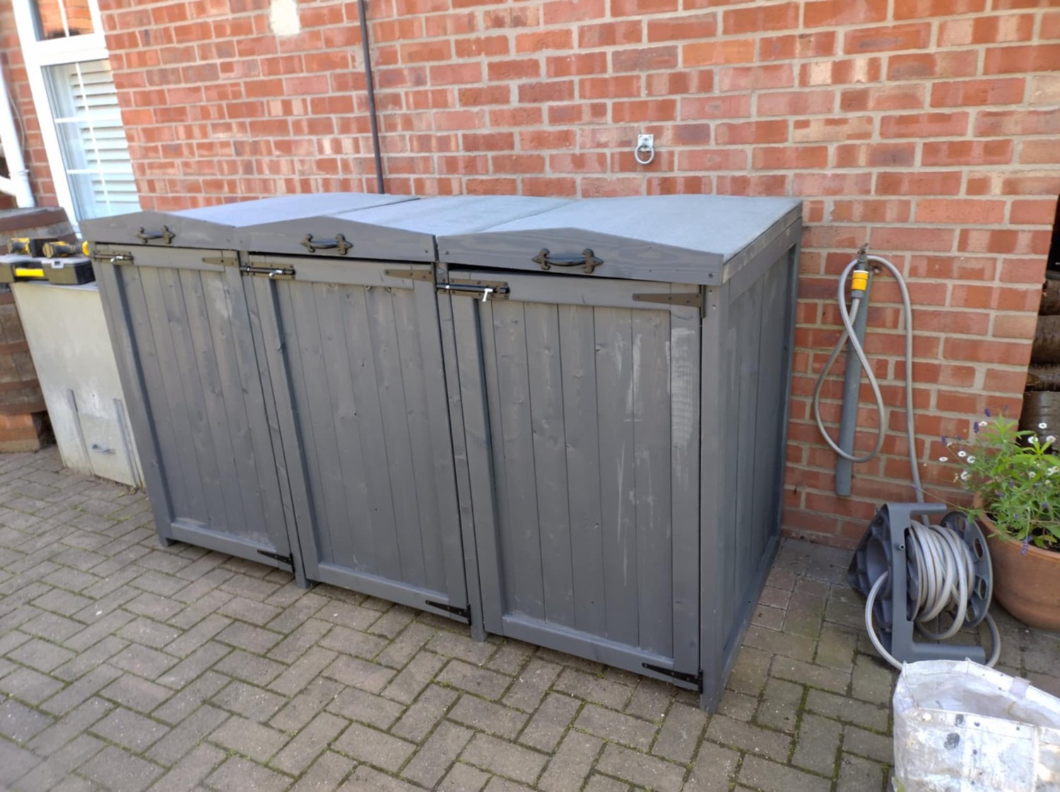 Triple grey wooden wheelie bin store